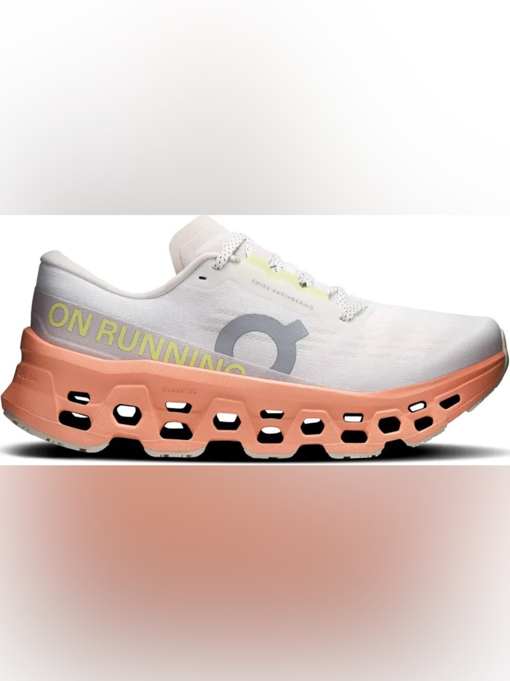On Running Women’s Athletic Shoe — White Upper with Coral Midsole